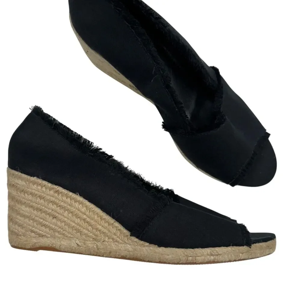 Lauren Ralf Lauren Black Linen Fringe Espadrille Wedge Sandals Womens 8.5
